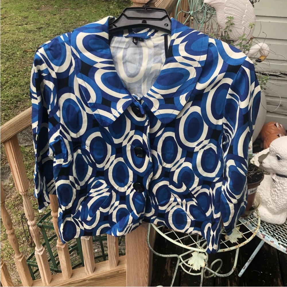 Ambition Mod Geometric Jacket Blazer Size L Royal Blue Black White Circles